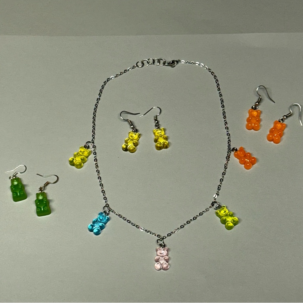 Rainbow Gummy Bear Necklace & 3 Pairs of Matching Gummy Bear Earrings